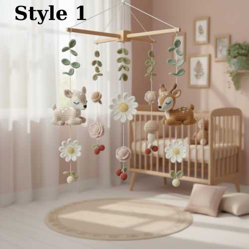 Deer Garden Crochet Baby Mobile Woodland Nursery Decor with Flowers, Mushrooms & Forest Animals