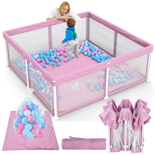 G TALECO GEAR Baby Playpen with Mat, Foldable Playpen for Babies and Toddlers, Portable Travel Play Yard, 50"x50", Pink
