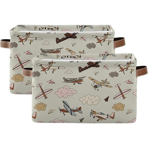 AUUXVA Storage Basket Vintage Retro Aircraft Airplane Shelf Basket Indoor Canvas Storage Bin Toys Organizer Box with Handles for Kids Room Kitchen Office Desk 2 Pcs