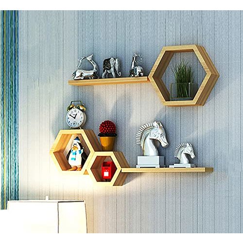 Aumneppa Hexagon Floating Shelves Set of 5, Wall Mounted Wood Farmhouse Storage Honeycomb Wall Shelf for Wall Decor, Bathroom, Kitchen, Bedroom, Living Room, Office and More (Natural)
