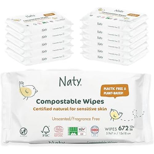 Eco by Naty Baby Wipes Unscented - 100% Compostable and Plant-Based Wipes, Good for Babies and Newborn Sensitive Skin (672 Count - 12 packs of 56)