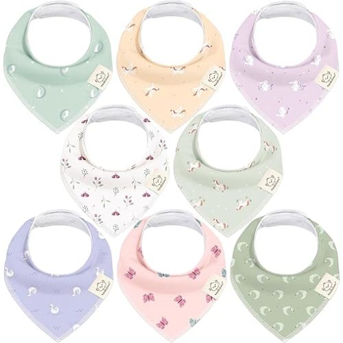 8-Pack Organic Baby Bandana Bibs for Girls - Super Absorbent Triangle Baby Bibs for Drooling and Teething Infant, 100% Cotton Extra Soft for Newborn, Infant 0-36 Months (Lunaris)