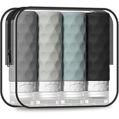 Travel Bottles for Toiletries, 4pcs Tsa Approved 3oz Travel Size Containers, BPA Free Leak Proof Premium Silicone Bottles, Refillable Liquid Squeezable Accessories W/Toiletry Bag