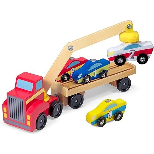 Melissa & Doug Magnetic Car Loader Wooden Toy Set with 4 Cars and 1 Semi-Trailer Truck Crane Wooden Toy, Vehicle Toys for Kids Ages 3+