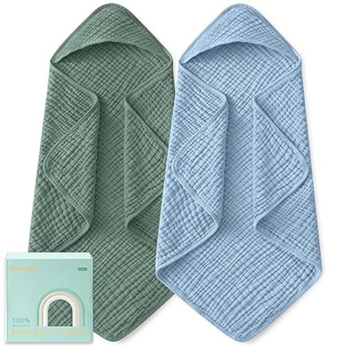 Yoofoss Hooded Baby Towels for Newborn 2 Pack 100% Muslin Organic Cotton Baby Bath Towel with Hood for Babies, Infant, Toddler and Kids, 32x32Inch, Soft and Absorbent Newborn Essential,Grey& Dark Blue