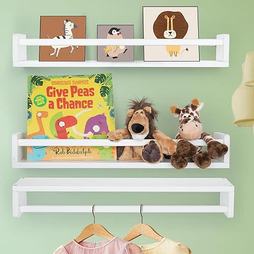 Floating Book Shelves for Wall, 23.6 inch Natural Wood Nursery Shelves for Book Storage, Solid Pine Wooden Floating Bookshelf for Bedroom Living Room, Set of 3, White