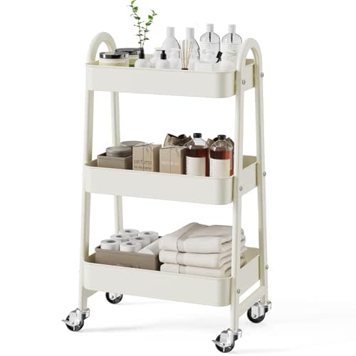 SMUG 3 Tier Rolling Cart - Metal Utility Carts on Lockable Caster Wheels, Mobile Storage Shelves Organizer for Livingroom, Bathroom, Kitchen, Bedroom & Narrow Places, White