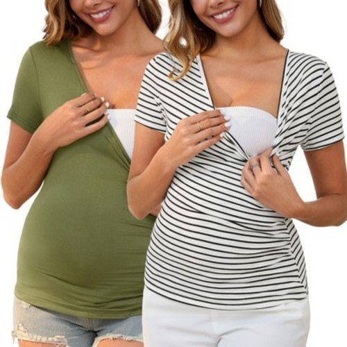 INSPIRE CHIC 2 Pcs Women's Nursing T-Shirt Soft Stretchy Side Ruched Cross V Neck Maternity Top Breastfeeding Medium Army Green&Striped