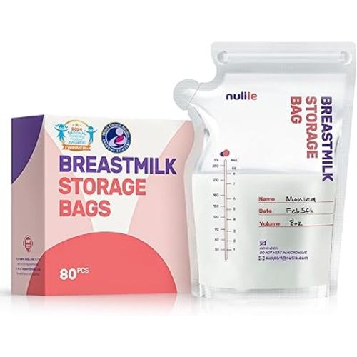 Nuliie 80 Pcs Breastmilk Storage Bags, 8 OZ Breast Milk Storing Bags, BPA Free, Milk Storage Bags with Pour Spout for Breastfeeding, Self-Standing Bag, Space Saving Flat Profile