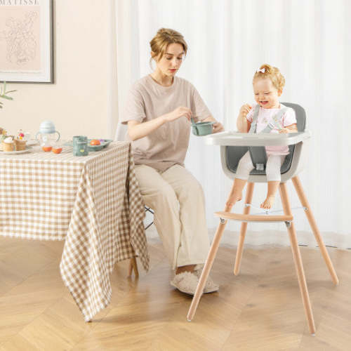 3-in-1 Convertible Wooden High Chair With Cushion-Gray