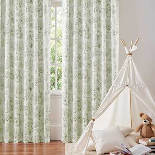 jinchan 95% Blackout Nursery Curtains 84 Inches Long, Bunny Woodland Toile Curtains Sage Green on Beige Animal Printed Drapes Rod Pocket Thermal Insulated Bedroom Farmhouse Window Treatment 2 Panels