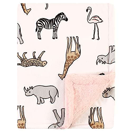 Hudson Baby Unisex Baby Plush Mink and Sherpa Blanket, Modern Pink Safari, One Size