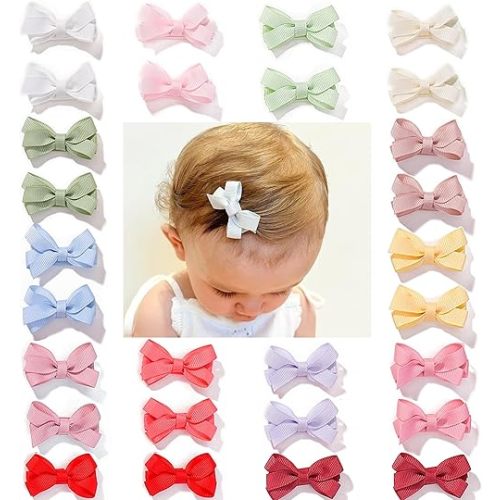 28 Pack 2'' Mini Bow Snap Clips,Baby Girls Grosgrain Ribbon Bows Tiny Hair Clips Fine Hair for Girls Infants Toddlers
