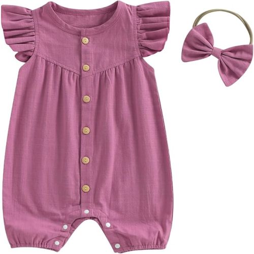 Fernvia Newborn Baby Girl Summer Clothes Sleeveless Ruffle Romper One Piece Bodysuit Jumpsuit Infant button down Outfit