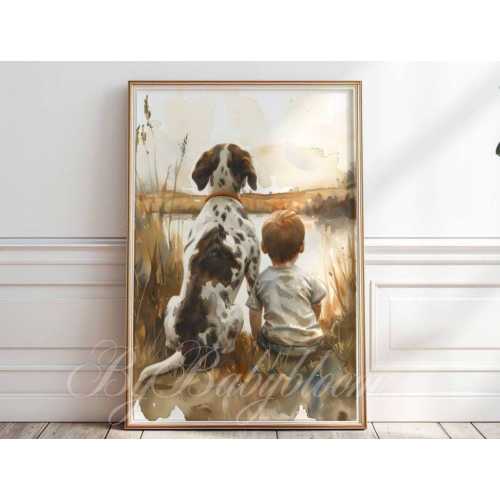 German Shorthair Pointer nursery art, Boy and Dog print, German Pointer watercolor, Dog nursery wall art, Kids room neutral decor, P #162