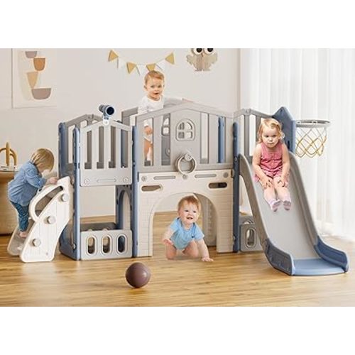 XJD 9 in 1 Toddler Slide Set, Kids Slide for Toddlers Age 1+, Toddler Climber Slide PlaySet with Basketball Hoop and Ball,Outdoor Indoor Playground for Toddlers 1-3 (Blue)