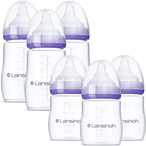 Lansinoh Anti-Colic Baby Bottles for Feeding Babies, 3 Count Each of 5 Ounces and 8 Ounces, 6 Bottles Total, Includes 3 Medium Flow Nipples (Size M) and 3 Slow Flow Nipples (Size S)