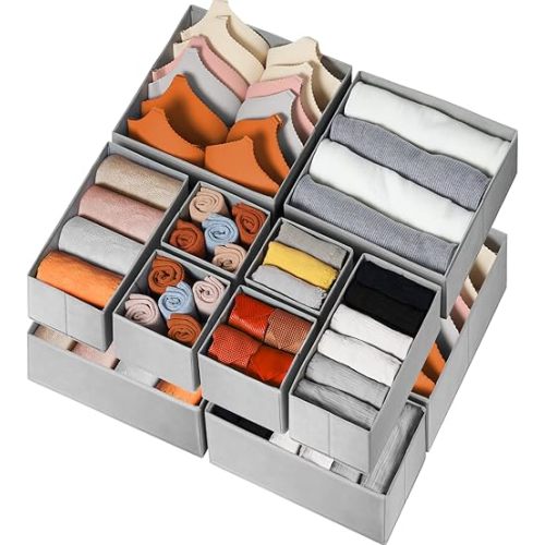 Criusia Drawer Organizer for Clothing, 12 Pack Sock Underwear Drawer Organizer Bins, Foldable Fabric Closet Organizers and Storage, Dresser Drawer Dividers for Baby Clothes, Bra, Scarves, Belt, Tie