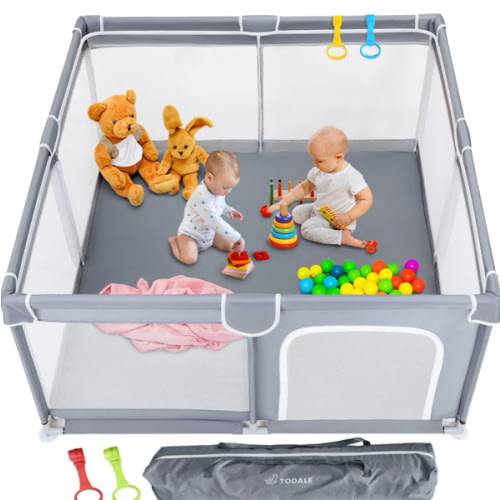 Todale 50”×50” Baby Playpen - Safe Baby Gate, Toddler, Infant & Crib, Play Pen - Portable Floor Playpen for Babies and Toddlers, Anti-Slip Base & Breathable Mesh, Enclosed Play Yard, Gray