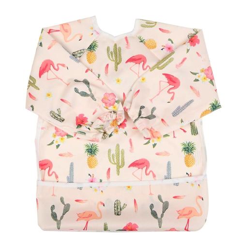Baby Bib Sleeved Shirt With Pocket 1-3 years old Toddler Painting For Girls (Flamingo Cactus)