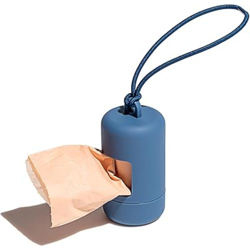 Wild One Dog Poop Bag Holder and Dispenser with Leash Attachment, Leak Proof, Easy Twist Top for Refills, Includes 1 Roll Poop Bags, Navy