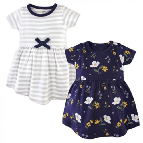 Hudson Baby Infant and Toddler Girl Cotton Short-Sleeve Dresses 2pk, Night Blooms, 6-9 Months