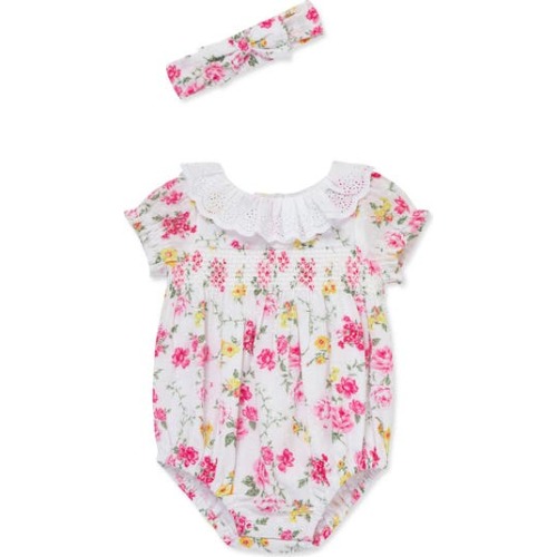 Rose Print Cotton Bubble Romper & Headband Set, 9M