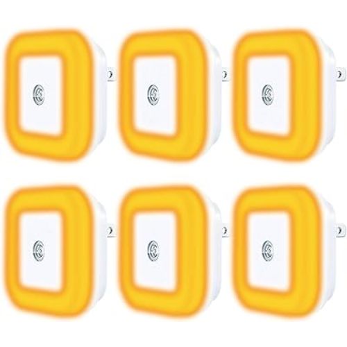 Amber Night Lights, 6 Pack LED Plug in Blue Light Blocking, Auto Dusk to Dawn Smart Sensor, Sleep Aid Light for Bedroom, Bath, Stairs, Kitchen, Hallway, Living Room. 1600K. Energy Efficient.