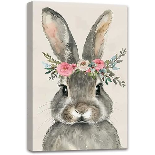 CGXLB Bunny Canvas Wall Art Rabbit with Floral Crown Picture Cute Farm Animal Paintings Easter Print Decor Artwork Nursery Girls Room Decor(Brown,12.00" x 18.00")