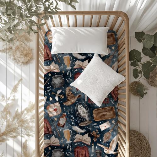 dark magical wizard world crib sheet for babies nursery, gender neutral wizard magical themed babies room