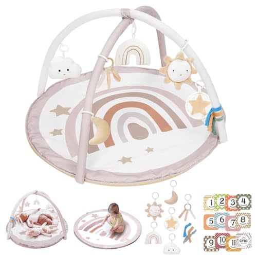Baby Play Gym Mat, Tummy Time Activity Mat with 7 Detachable Toys and 12 Milestone Cards for Stage-Based Sensory and Motor Skill Development, Washable Play Mats for Infant, Newborn Baby Essentials