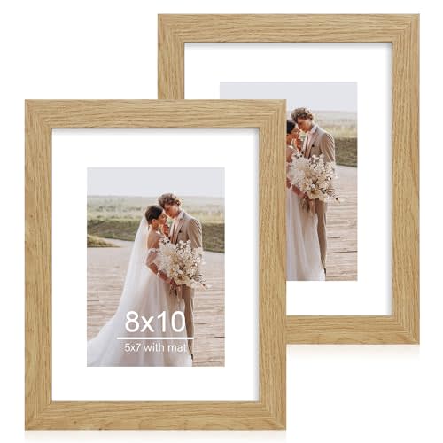 8x10 Picture Frame Set of 2, Made of Real Glass and Natural Oak Wooden Frame - Display Picture 5x7 with Mat or 8x10 Without Mat, 8 by 10 Photo for Wall or Tabletop