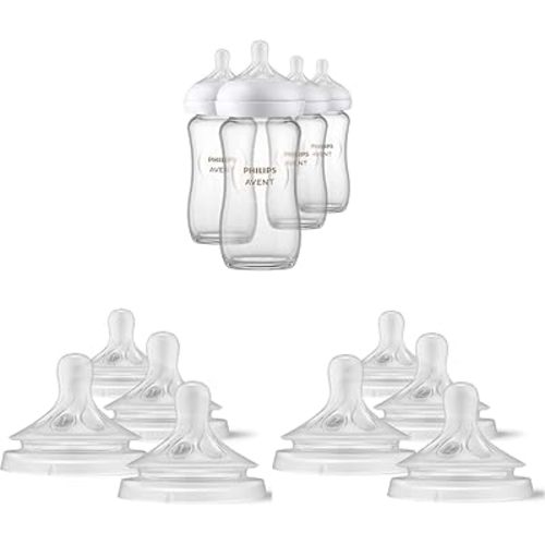 Philips AVENT Glass Natural Baby Bottles with Natural Response Nipples, Clear, 8oz, 4pk (SCY913/04) + Natural Response Baby Bottle Nipples Flow 2, 0M+, 4pk (SCY962/04) + Natural Response Baby Bottle Nipples Flow 1, 4pk (SCY961/04)