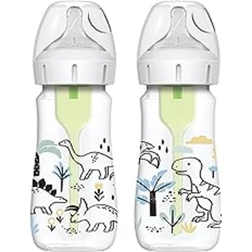 Dr. Brown's Natural Flow® Anti-Colic Options+™ Wide-Neck Baby Bottle Designer Edition Bottles, Dino Decos, 9oz/270mL, Level 1 Nipple, 2-Pack, 0m+ : Baby