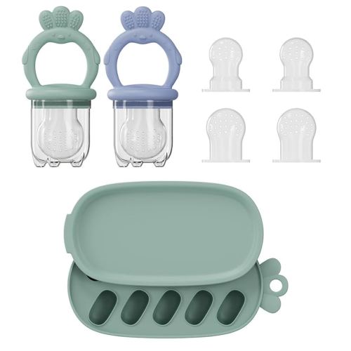 2 Pcs Baby Food Fruit Feeder with Freezer Tray Breastmilk Popsicle Molds Silicone Fruit Feeder for Self Feeding Teething Relief Toys (Blue+Green)