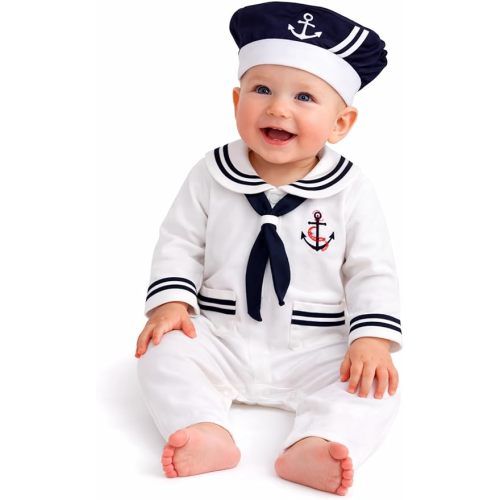 stylesilove.com Baby Boy Marine Sailor Cotton Romper Onesie with Hat and Necktie 3pcs Holiday Outfit