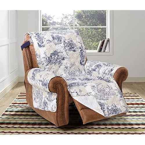 Brilliant Sunshine Blue Toile Quilted Large Recliner Slipcover, 28" Seat Width, Slip Resistant Furniture Protector, 2" Strap, Washable Reclining Chair Cover for Pets, Kids, Dogs, Cats, Blue Beige
