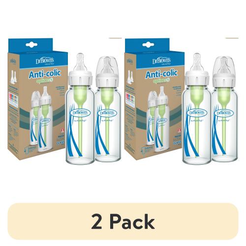 (2 pack) Dr. Brown's Natural Flow Anti-Colic Options+ Narrow Glass Baby Bottle, 8oz/250ml, Level 1 Slow Flow, 0m+, 2 Pack