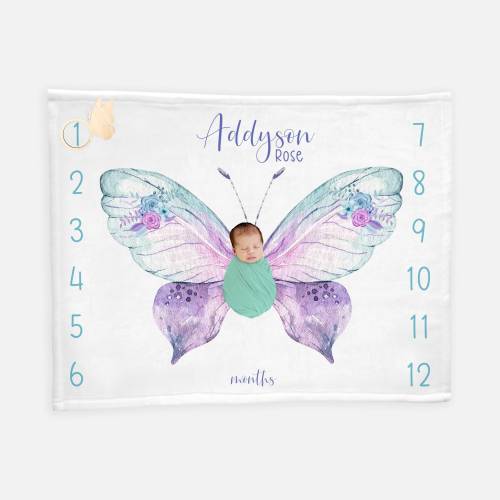 Butterfly Baby Milestone Blanket, Personalized Baby Blanket, Monthly Baby Blanket, Girl Blanket, Lavender Mint Butterfly Baby Blanket F70