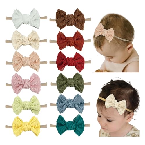 Esumun Baby Girl Knitting Hair Bow Headband Nylon Elastic Hair Bands 12Pcs Fall WInter Hair Accessories for Newborn Toddlers (knitted 12pcs)