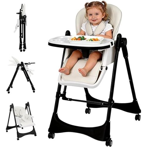 3-in-1 Baby High Chair | Convertible Baby High Chair for Babies and Toddlers | Brake Wheels, Easy Clean, Space Saving | Adjustable, Removable Tray (Black White)