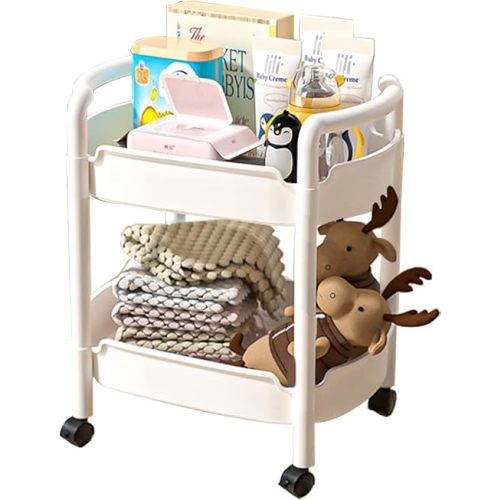2-Tier Plastic Rolling Utility Cart with Handle Tower Rack Snack Cart with Wheels Multi-Functional Storage Trolley for Kitchen Bathroom Laundry Home Office Living Room Organization, White