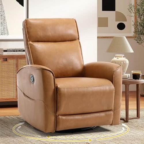 Swivel Rocker Recliner Chair, Manual Faux Leather Glider Rocking Recliners for Adults, 360° Swivel Nursery Reclining Sofa with Storage Pocket