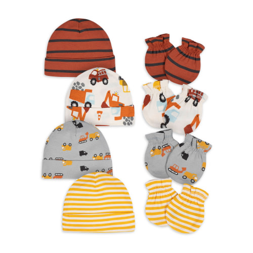 Gerber Newborn Baby Boy Hats & No Scratch Mittens Set, 8-Piece, Shower Gift, Infant 0/3M