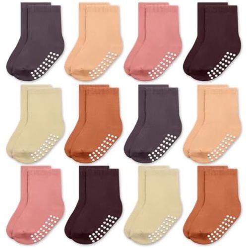 JAKIDAR 12 Pack Baby Toddler Socks Non Slip Grip Cotton Crew Socks for Boys Girls Infants Kids