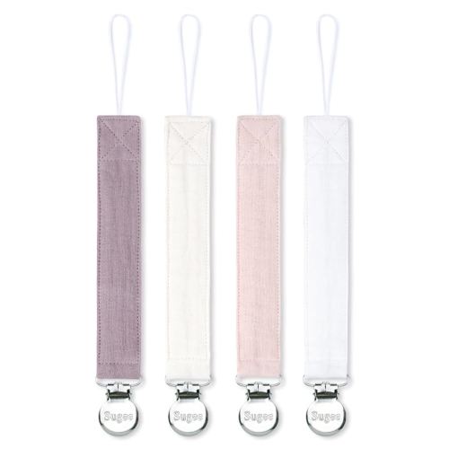 Pacifier Clip for Baby Boy and Girl - Linen Soft Fabric Pacifier Hold with Clip for Binky, Leash Soothie Holder Unisex 4 Pack (Pink)