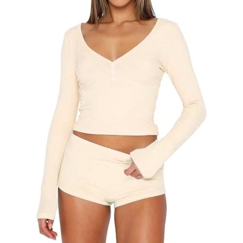 INFITTY Womens Sexy Vneck Pjs 2 Piece Sets Casual Long Sleeve Button Short Pajama Outfit 2024 Fall Trendy Crop Top Nightwear
