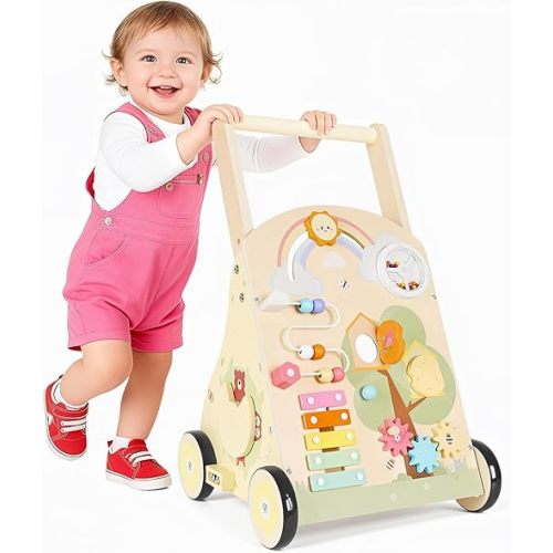 Wooden Baby Push Walker Toy - Montessori Wood Walker for Babies Learning to Walk, Walking Push Toys with Activity Center Adjustable Speed & Height for 1 Year Old Kids, 12 Months+ Boys Girls
