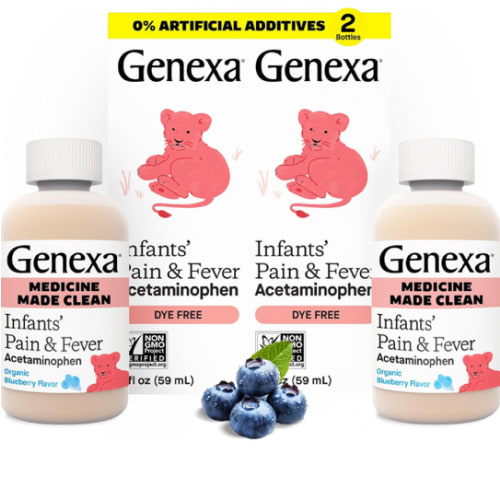 Genexa Infants’ Clean Pain & Fever Acetaminophen, Dye Free, 0% Artificial Additives, Delicious Organic Blueberry Flavor, Liquid Oral Suspension Medicine for Baby, 160 mg per 5mL, 4 fl oz (2 Pack)