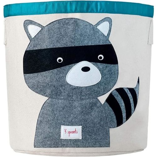 3 Sprouts Large Toy Storage Basket - Durable Kids & Baby Toy Bin with Handles for Toy Basket Storage, Round Hamper for Laundry in Nursery & Playroom, Raccoon